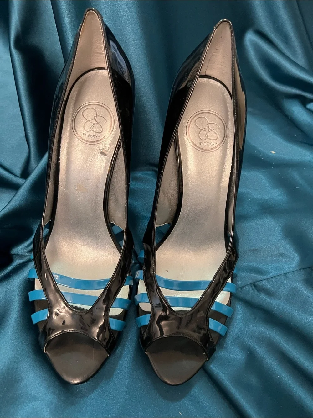 Jessica Simpson Black Patent Peep-Toe Heels with Blue Strap Details